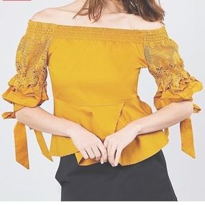 😍 BUBBLE SLEEVE w/BOW TIE OFF THE SHOULDER w/CROCHET LACE COTTON WOVEN TOP 😍